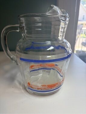 Vintage Hazel Atlas Glass Blue & Orange Sailboat Pitcher